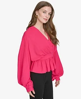 Halston Women's Tie-Waist Balloon-Sleeve Peplum Top