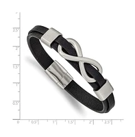 Chisel Stainless Steel Brushed Infinity Symbol Black Leather Bracelet