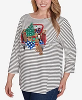 Ruby Rd. Plus Boat Neck Holiday Truck Printed Striped Top