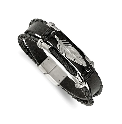 Chisel Stainless Steel Feather Multi Strand Black Leather Bracelet