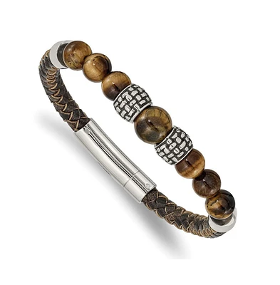 Chisel Stainless Steel Tiger's Eye Beads Brown Leather Bracelet