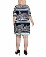 Ny Collection Plus Size Elbow Sleeve Border Print Dress