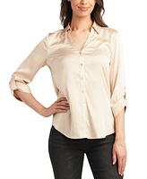 Bcx Juniors' Satin Roll-Tab-Sleeve Button-Down Blouse