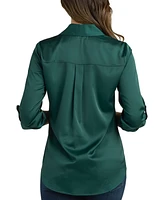 Bcx Juniors' Satin Roll-Tab-Sleeve Button-Down Blouse