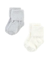 Hudson Baby Boys Cozy Chenille Newborn and Terry Socks, Gray Taupe Stripe, 0-6 Months