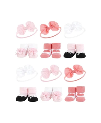 Hudson Baby Infant Girl 12Pc Headband and Socks Giftset, Blush White, One Size