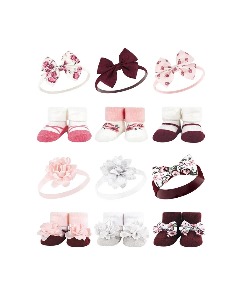 Hudson Baby Infant Girl 12Pc Headband and Socks Giftset, Rose Pink Burgundy, One Size