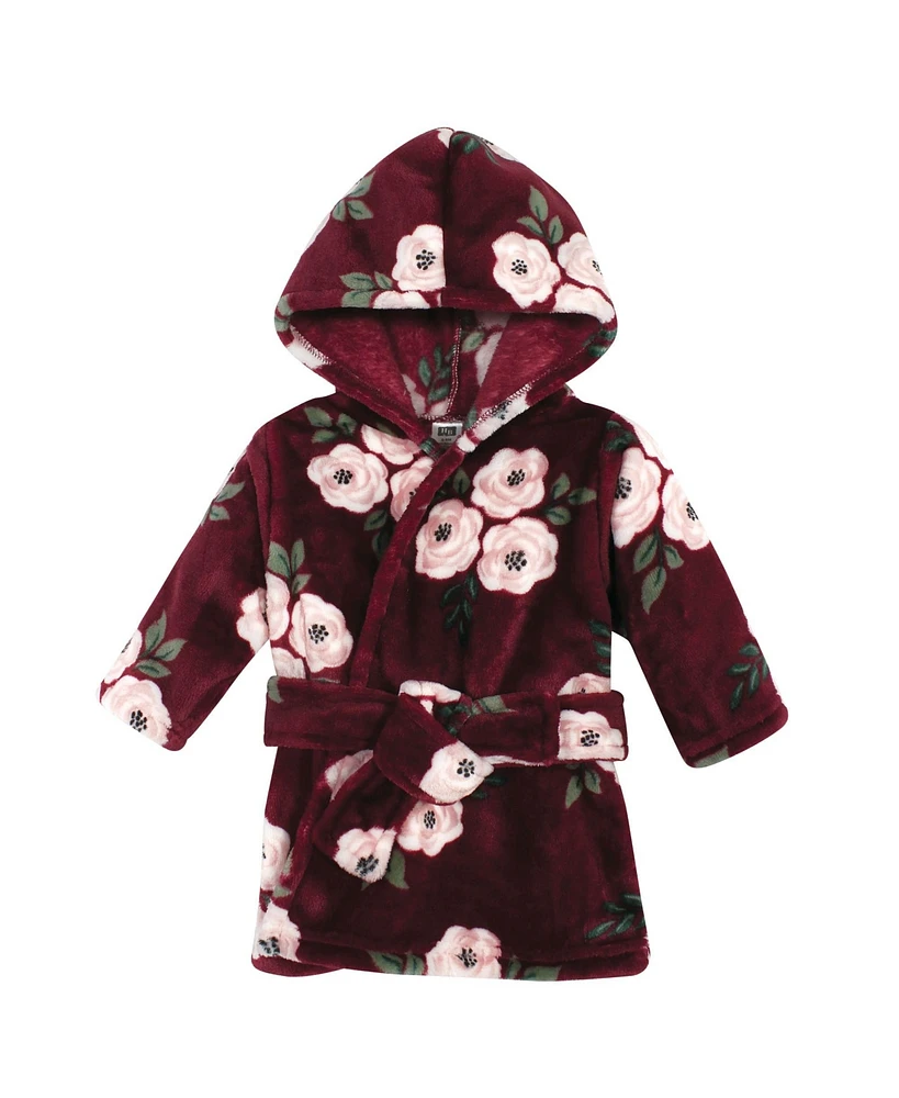 Hudson Baby Baby Girls Plush Bathrobe, Burgundy Floral, 0-9 Months