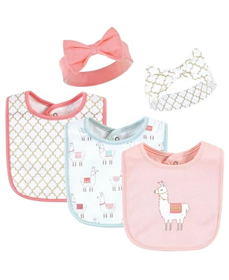 Hudson Baby Infant Girl Cotton Bib and Headband or Caps Set, Llama, One Size