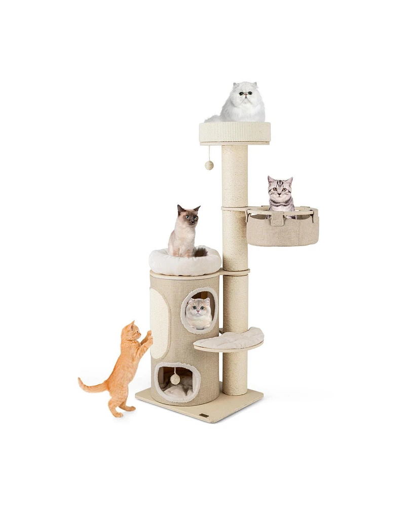 Slickblue 61 Inches Cat Tree for Indoor Cats with 2-stoery Condo and Top Perch-Natural