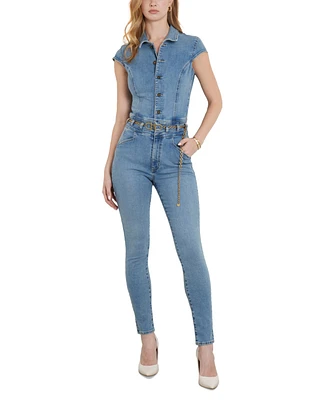 Guess Nova Denim Cap-Sleeve Skinny-Leg Jumpsuit