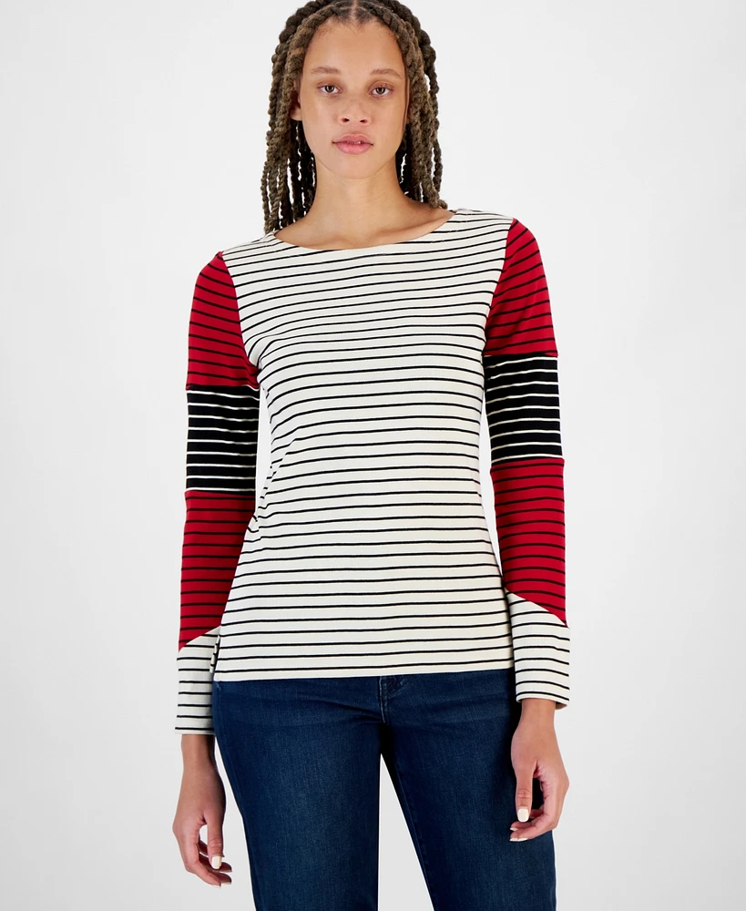 Nautica Jeans Women's Striped Colorblocked Boat-Neck Top