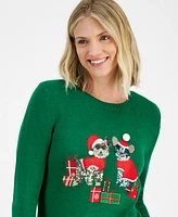 Holiday Lane Women's Sequined Dogs Crewneck Sweater, Created for Macy's