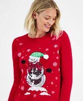 Holiday Lane Women's Sequined Snowman Crewneck Sweater, Created for Macy's