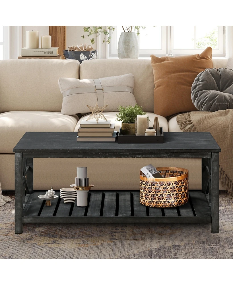 Simplie Fun Spacious Antique Coffee Table with Open Shelving for Storage and Display