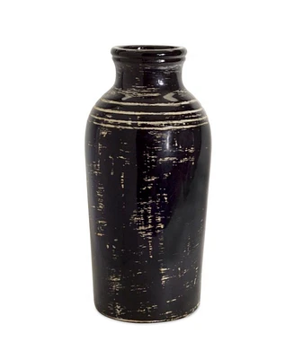 Slickblue Distressed Black Ceramic Vase With Ivory Accent 17.5"h