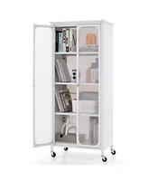 Slickblue Glass Doors Storage Cabinet with Wheels and Adjustable Shelves-White