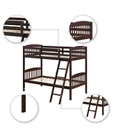 Sugift Hardwood Twin Bunk Bed Frames with Inclined Ladder and Safety Guardrails