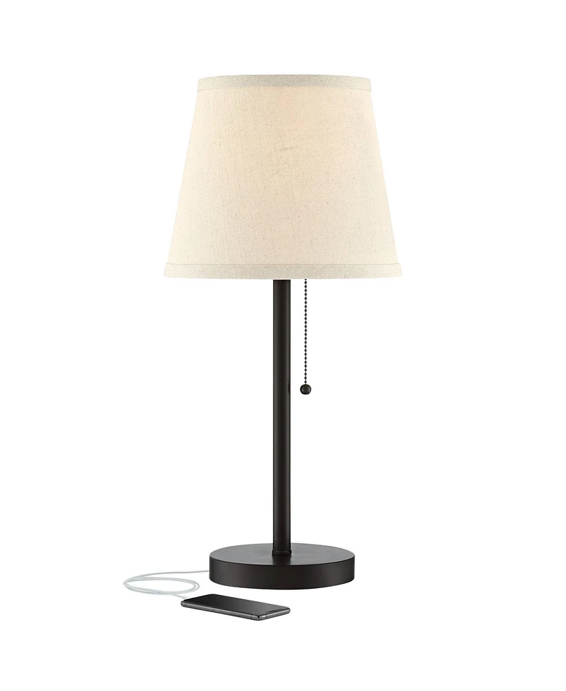 360 Lighting Flesner Modern Desk Table Lamp with Hotel Style Usb and Ac Power Outlet in Base 20" High Bronze Metal Oatmeal Drum Shade for Living Room