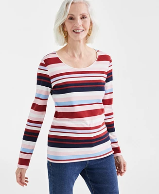 Style & Co Women's Striped Long Sleeve Scoop-Neck Top, Created for Macy's