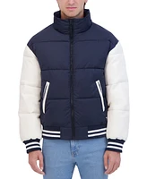 Hudson Men's Varsity Puffer Jacket with Faux Leather Sleeves