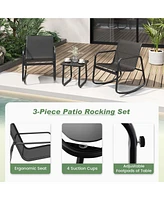 Costway 3 Piece Patio Rocking Set 2 Rocking Bistro Chairs & Glass-Top Table for Porch