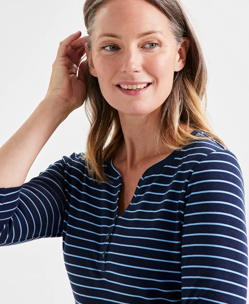 Style & Co Women's Striped Henley Tee, Created for Macy's