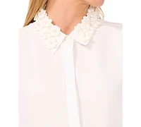 CeCe Women's Floral-Applique Collared Long-Sleeve Blouse