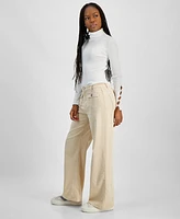 Tinseltown Juniors' High Rise Patch-Pocket Wide-Leg Jeans