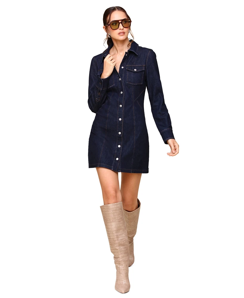 Avec Les Filles Women's Denim Long-Sleeve Mini Shirtdress