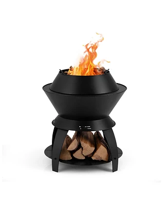 Slickblue 20 Inch Patio Fire Pit Metal Camping Fire Bowl with Pot Holder and Storage Shelf-Black