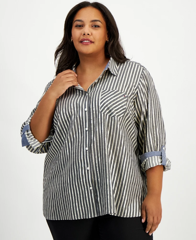 Tommy Hilfiger Plus Shimmer Shadow Striped Button-Front Shirt