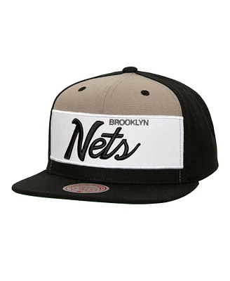 Mitchell & Ness Men's White/Black Brooklyn Nets Retro Sport Colorblock Script Snapback Hat