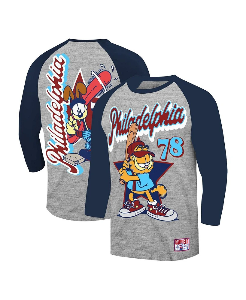 Ripple Junction Men's Heather Gray/Navy Garfield Philadelphia Baseball 3/4-Sleeve Raglan T-Shirt