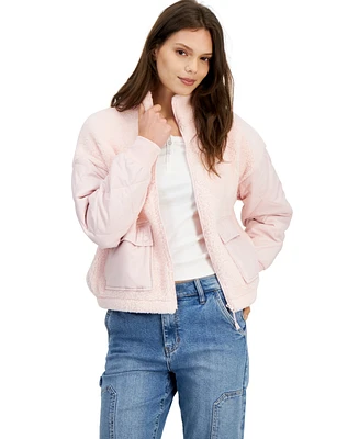 Hippie Rose Juniors' Quilted-Trim Sherpa Jacket