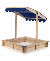 Slickblue Kids Wooden Sandbox with Height Adjustable and Rotatable Canopy Outdoor Playset