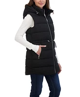 Sebby Collection Women's 3/4 Hooded Stretch Puffer Vest With Drawstring Waist