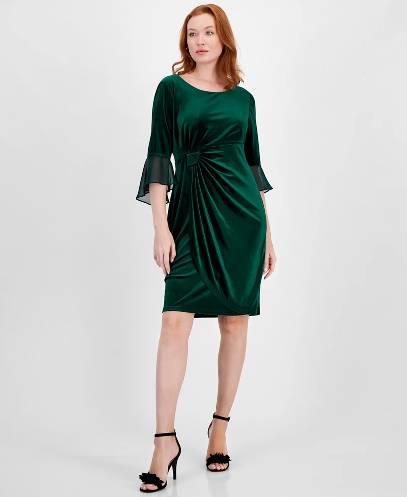 Connected Women's Velvet Side-Gathered Bell-Sleeve Dress