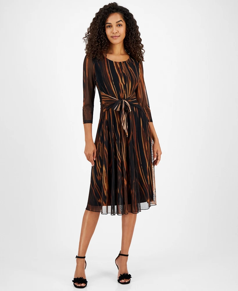 Connected Women's Printed Tie-Waist Mesh-Sleeve Dress