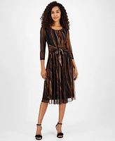 Connected Women's Printed Tie-Waist Mesh-Sleeve Dress