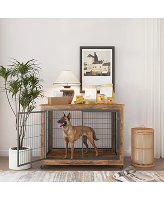 Streamdale Furniture Rustic Brown Dog Crate Side Table with Wheels and Multiple Entry Points