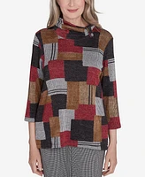 Alfred Dunner Runway Ready Women's Houndstooth Patchwork Mock Neck Top