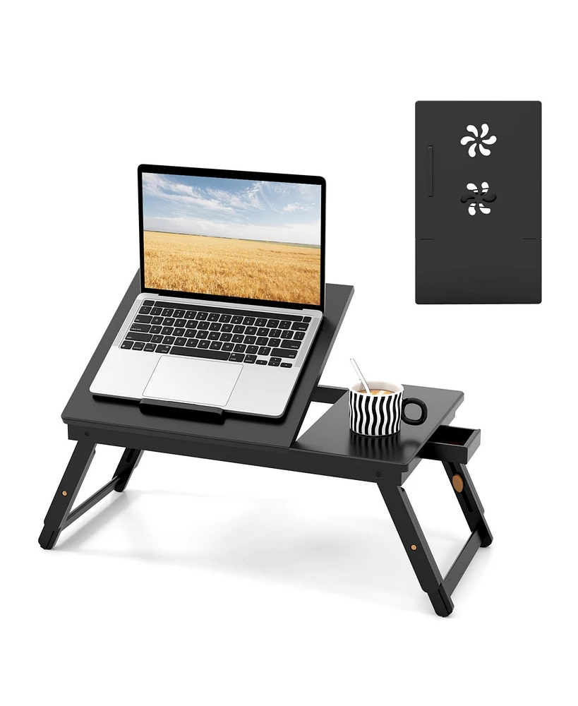 Slickblue Wicker Laptop Lap Tray with Adjustable Legs and Tilting Heat-dissipation Top