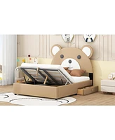 Streamdale Furniture Twin Size Upholstered Platform Bed with Bear Headboard and Storage Drawers