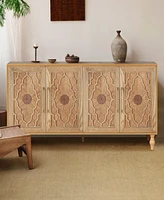 Carved Wood Storage Cabinet with Metal Handles
