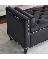 44.5" Queen Velvet Button Bedside Bench with Armrests and Nailhead Trim