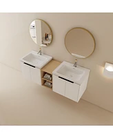 Wall-Mounted Vanity with Soft-Close Doors, Double Ceramic Basin, and Storage Shelves