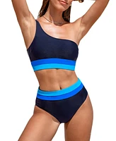 Cupshe Women's High Waisted One Shoulder Color Block Bikini Set