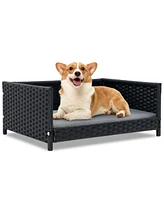 Slickblue Rattan Dog Bed with Waterproof Soft Cushion for Medium Small Dogs Cats-Grey