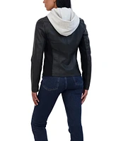 Sebby Collection Women's Zip Front Faux Leather Jacket With Removeable Hood Bib